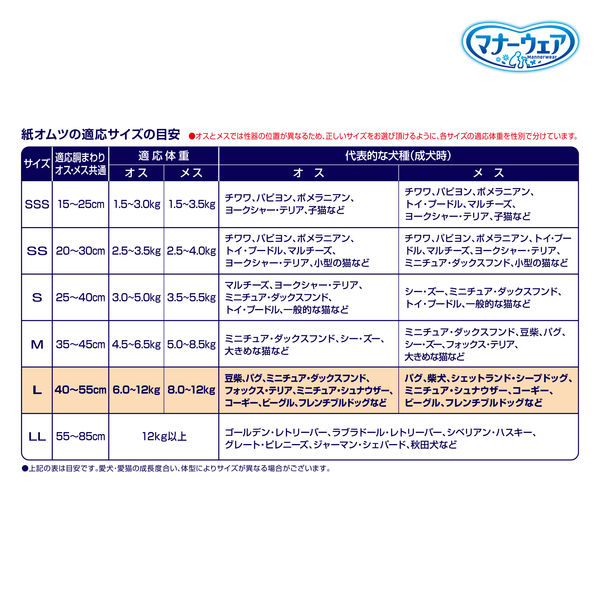 マナーウェア 紙オムツ（女の子男の子共用タイプ）長時間 高齢犬にも L