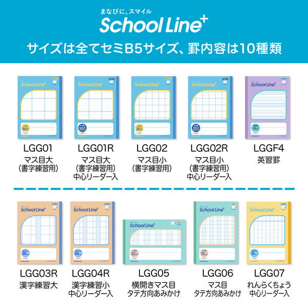 日本ノート 学習帳 スクールライン+ セミB5 マス目 小（書字練習用） 25mm 中心リーダー入 LGG02R 1セット（5冊） - アスクル
