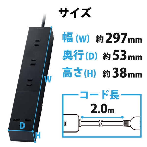 電源タップ USBタップ 2m コンセント 3個口 USB-C×1 A×2 雷ガード 黒 T