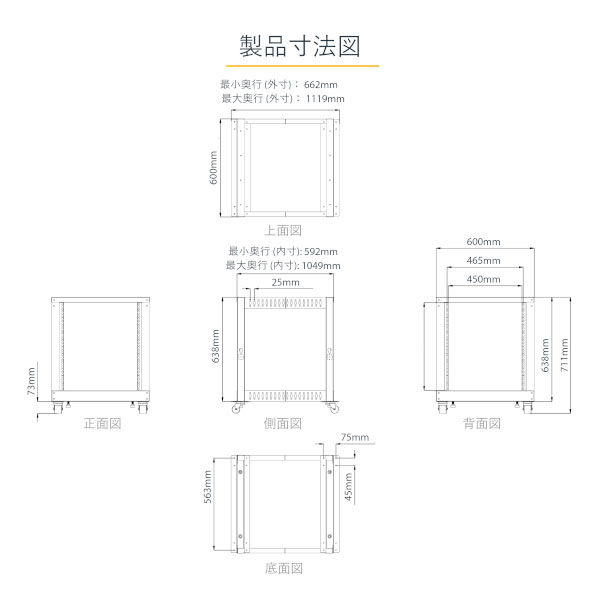 サーバーラック オープンフレーム 12U 4ポスト19インチ 4POSTRACK12U 1個 StarTech.com - アスクル