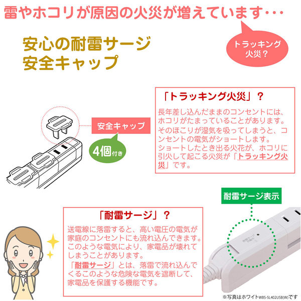 延長コード 電源タップ 2P式 2m 4個口 USB2ポート スリム回転 延長コード 電源タップ 2P式 2m 4個口 USB2ポート スリム回転