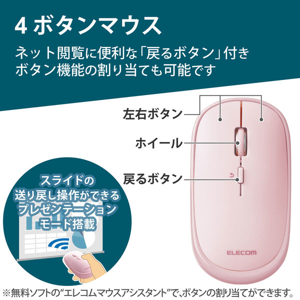 ワイヤレスマウス 無線 Bluetooth 充電式 薄型 4ボタン ピンク M-TM15BBPN エレコム 1個