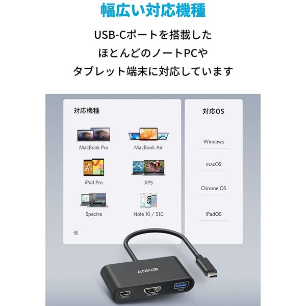 Anker USBハブ Type-C接続 HDMI×1 Cポート×1 Aポート×1 PD90W 急速充電 PowerExpand