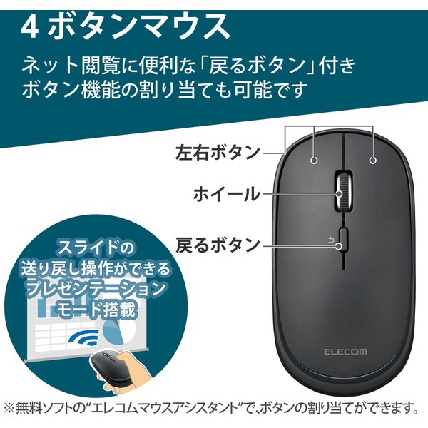 ワイヤレスマウス 無線 Bluetooth 静音 4ボタン 充電式 薄型 ガンメタ