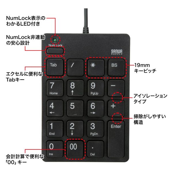 サンワサプライ USBテンキー(Type-Cコネクタ・USB2.0ハブ付き