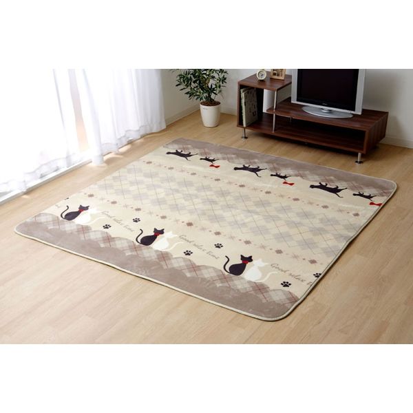 なめらかタッチ ネコ柄 『ココアRUG』 洗える（手洗い）約185×185cm イケヒコ なめらかタッチ ネコ柄 『ココアRUG』 洗える（手洗い