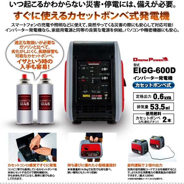 NAKATOMI（ナカトミ） インバーター発電機 カセットボンベ式 EIGG-600D 1台（直送品） - アスクル