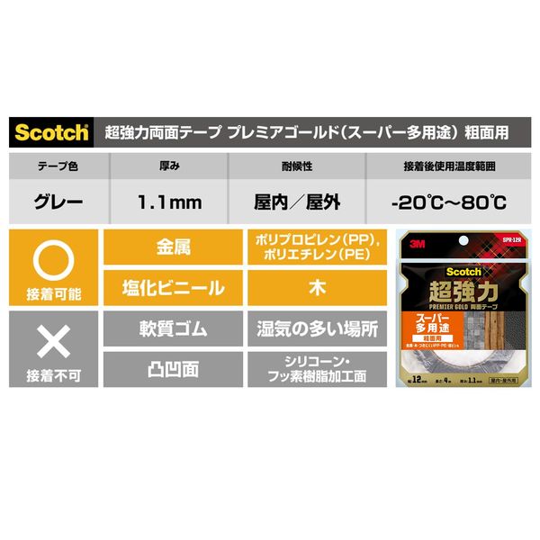 粗面用 スーパー多用途 超強力両面テープ プレミアゴールド SPR-12R 幅12mm×長さ4m スコッチ 3Mジャパン 1巻 - アスクル