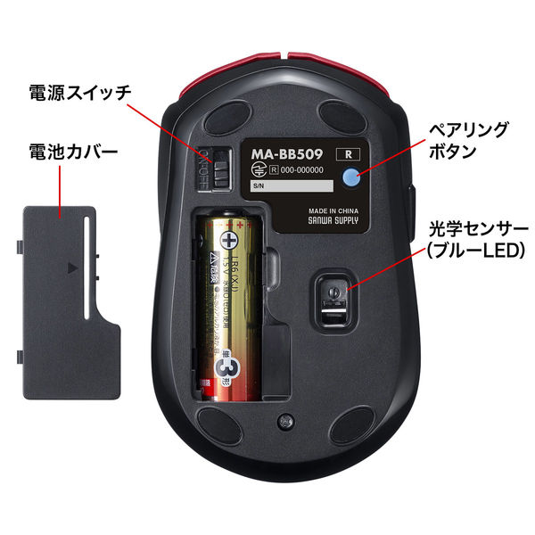 サンワサプライ ワイヤレスマウス Bluetooth 5ボタン 小型サイズ ブルーLED レッド MA-BB509R 1個 - アスクル