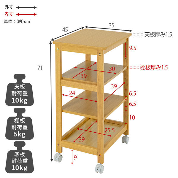 軒先渡し】萩原 キッチンワゴン 幅350×奥行450×高さ710mm