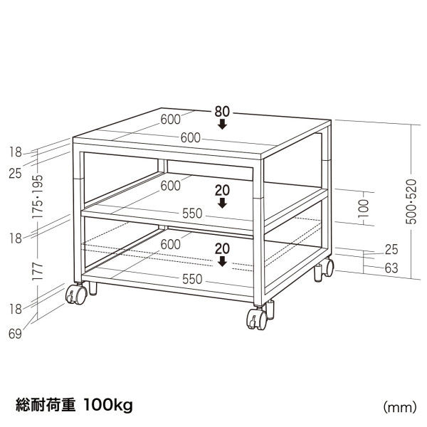 サンワサプライ プリンタスタンド 幅600×奥行600×高さ500・520mm