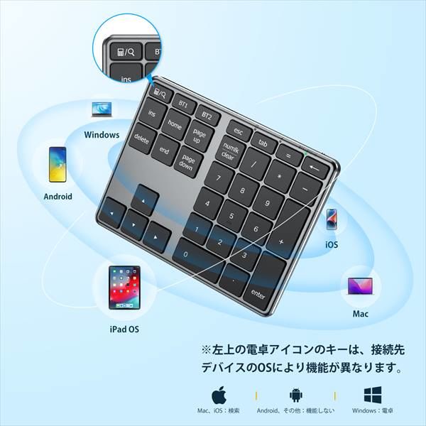 テンキー Bluetoothテンキーボード 超薄型 マルチペアリング Type-C充電式 IC-KP10 ブラック iClever - アスクル