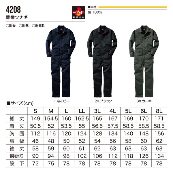 HONO 難燃ツナギ 4208-1ネイビー5L 村上被服 1着（直送品） - アスクル