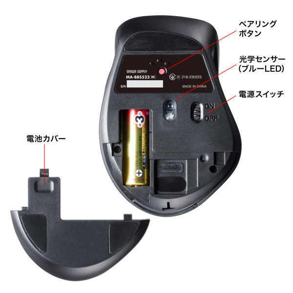 Bluetoothマウス 静音 5ボタン サイドホイール付き MA-BBS523BK