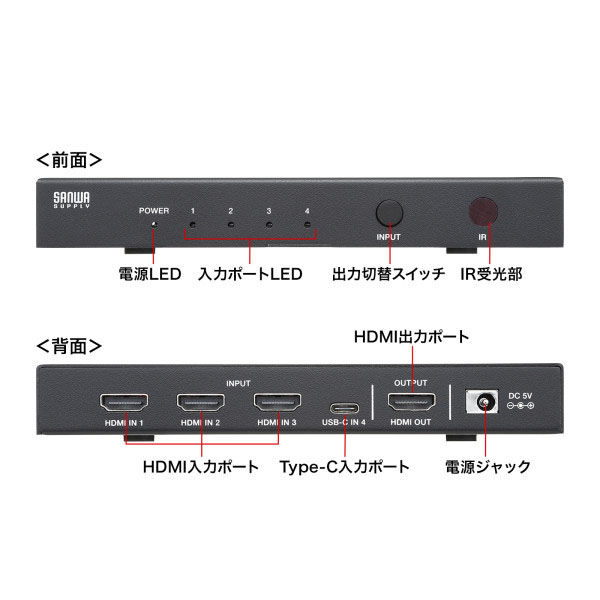 サンワサプライ 8K対応HDMI切替器(4入力1出力・Type-C入力対応・リモコン付き) SW-HDR8K41RC（直送品） - アスクル