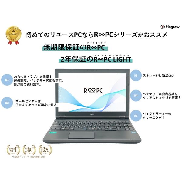 2年保証/自損可】中古PC 15.6 NEC PC-VKM17XZG2 Corei5/8th/16GB R∞PC LIGHT（直送品） - アスクル