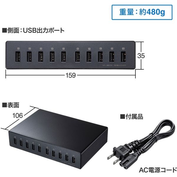 サンワサプライ USB充電器（10ポート・合計20A・高耐久タイプ） ACA-IP68 1個
