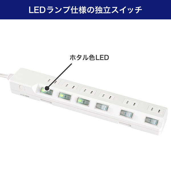 延長コード 電源タップ 1m 2P式 6個口 耐雷サージ 個別スイッチ付き 埃シャッター 白 WLK-61S（W） ELPA 1個 - アスクル