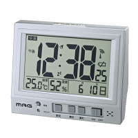 【アウトレット】ノア精密　温湿度計付き大画面デジタル電波時計　シルバー　1個