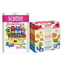 スコッティフラワーセット（トイレット 再生紙配合 香り付 ダブル 75m 3倍長持ち6ロール + ティッシュ 160組（5箱入））日本製紙クレシア