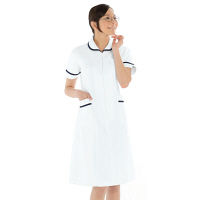 KAZEN ワンピース半袖 （ナースワンピース） 医療白衣 ホワイト×ネイビー L 021-28（直送品）