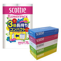 スコッティティシュー ティッシュペーパー200組（5個入）+トイレットペーパー ダブル スコッティフラワーパック3倍長持ち 1パック（6個入） 日本製紙クレシア
