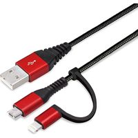 PGA 変換コネクタ付き 2in1 USBタフケーブル(Lightning＆micro USB) 1m レッド＆ブラック（直送品）