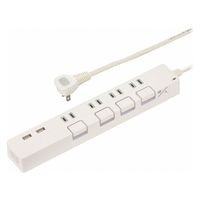 オーム電機 節電タップ光る押しボタンスイッチ雷ガード4個口 USBポート付き 2mホワイト 00-1668 1個（直送品）