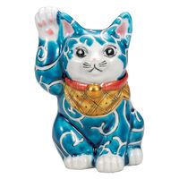 日本の伝統工芸品【九谷焼】 5.5号横座招き猫 黒盛花と蝶 (K9