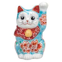 稀少焼物☆久谷焼 陶山 猫の置物 白 見事な装飾模様細工 伝統工芸品 九谷焼 招き猫 置物 白富士山菊水