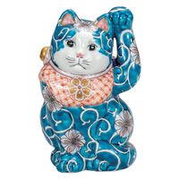 九谷焼 招き猫 5.5号 黒盛花と蝶 新品 箱付き 5.5号横座り招き猫 黒盛花と蝶