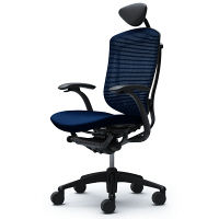 CM12BB FBF4 |オカムラ コンテッサ チェア 小型ヘッドレスト付 固定肘 背メッシュ座クッション ブラック×ネオブラック ダークブルー（直送品）
