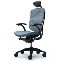 CM12BB FBF5 |オカムラ コンテッサ チェア 小型ヘッドレスト付 固定肘 背メッシュ座クッション ブラック×ネオブラック ライトブルー（直送品）