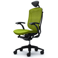 CM12BB FBF6 |オカムラ コンテッサ チェア 小型ヘッドレスト付 固定肘 背メッシュ座クッション ブラック×ネオブラック ライムグリーン（直送品）