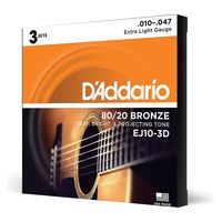 D'Addario ダダリオ アコースティックギター弦 ブロンズ Extra Light .010-.047 EJ10-3D 3setパック（直送品）