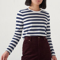 【SALE】 無印良品 オーガニックコットンクルーネック長袖Tシャツ（ボーダー） 婦人 M 白×ダークネイビー 良品計画