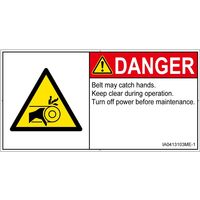 PL警告表示ラベル（ISO準拠）│機械的な危険:引き込み（ベルト）│IA0413103│危険│Mサイズ│英語（ヨコ）│10枚（直送品）