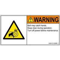 PL警告表示ラベル（ISO準拠）│機械的な危険:引き込み（ベルト）│IA0413102│警告│Mサイズ│英語（ヨコ）│10枚（直送品）