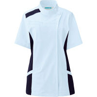 KAZEN レディスジャケット半袖 （ナースジャケット） 医療白衣 サックスブルー（水色）×ネイビー 3L 084-21（直送品）