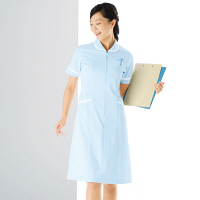 KAZEN ワンピース半袖 （ナースワンピース） 医療白衣 サックスブルー（水色）×ホワイト LL 021-21（直送品）