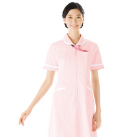 KAZEN ワンピース半袖 （ナースワンピース） 医療白衣 ピンク×ホワイト L 021-24（直送品）