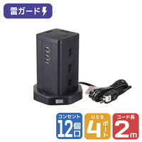 延長コード 電源タップ OAタップ 2P式 2m 12個口 USB×4 耐雷 USB急速充電 タワー型 朝日電器（ELPA） WBS-TW1204USB(BK)