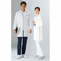 KAZEN メンズコート診察衣（ハーフ丈） ドクターコート 長袖 オフホワイト×ネイビー シングル L 114-18（直送品）