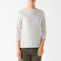 【SALE】 無印良品 ストレッチフライス編みボートネック七分袖Tシャツ 婦人 M 白×グレー 良品計画