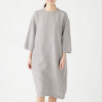 【SALE】 無印良品 フレンチリネン洗いざらし七分袖ワンピース 婦人L グレー 良品計画