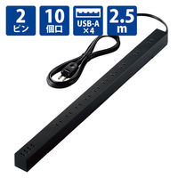 延長コード 電源タップ コンセント 2.5m 2ピン 10個口 USB-A×4 雷ガード 黒 ECT-1925BK エレコム 1個（わけあり品）
