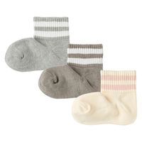無印良品 キッズ 足なり直角 ショート丈靴下（柄・３足組） キッズ１９～２３ｃｍ ライン（生成・モカ・グレー） 良品計画