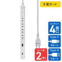 朝日電器 延長コード 電源タップ 耐雷 回転 4個口/2m PD20W ホワイト WB-SL4222SUC(W) 1個（直送品）