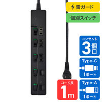朝日電器 延長コード 耐雷 LEDランプスイッチ付 3個口/1m PD20W ブラック WLK-3221SUC(BK) 1個（直送品）