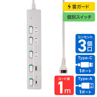 朝日電器 延長コード 耐雷 LEDランプスイッチ付 3個口/1m PD20W ホワイト WLK-3221SUC(W) 1個（直送品）